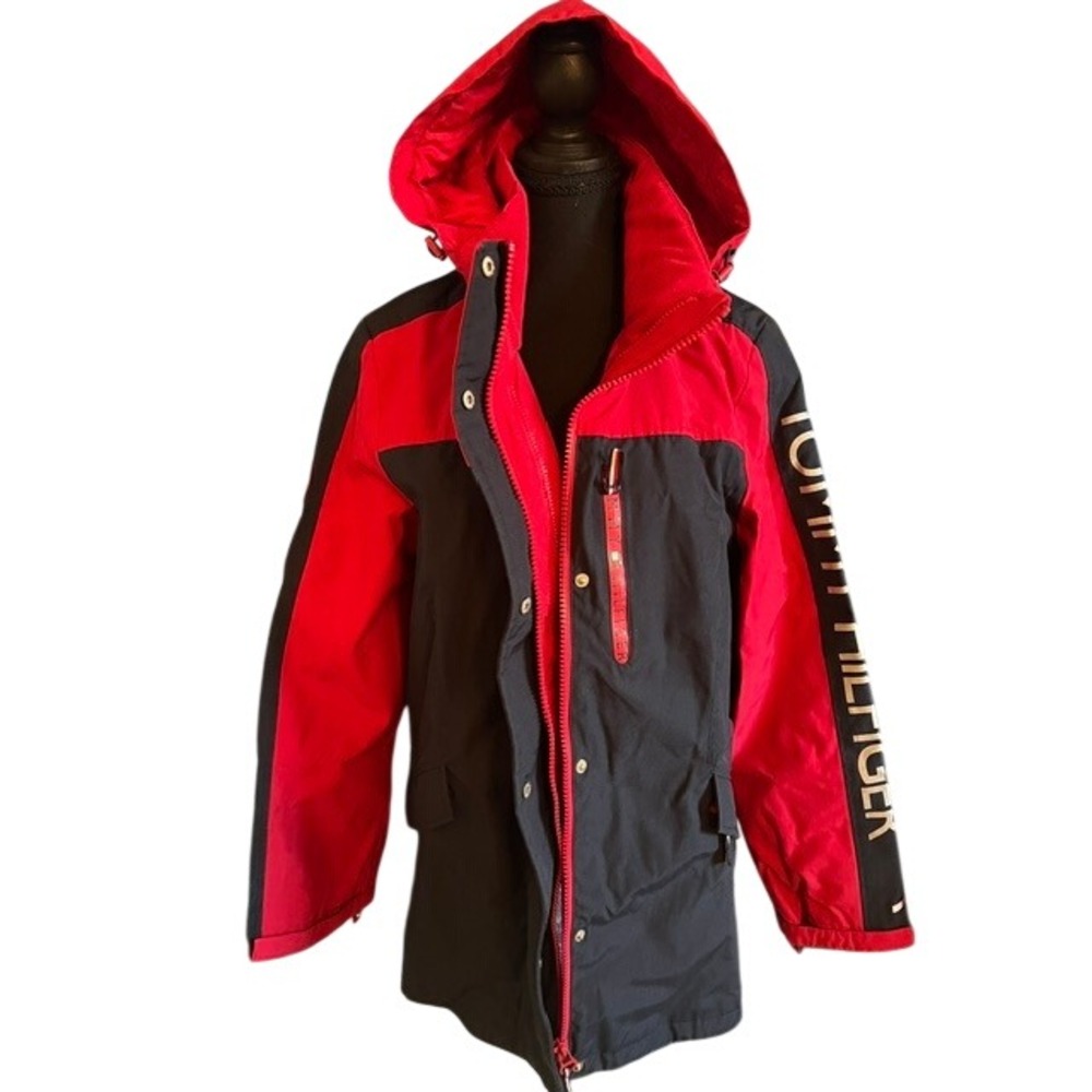 Tommy Hilfiger Jacket Women Large Red Navy Hooded Colorblock Logo
